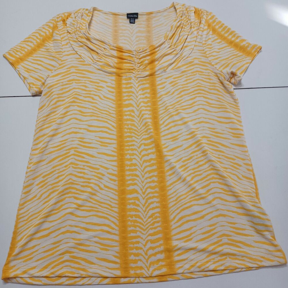 New Directions Womens M Peasant Blouse Yellow Abstract Short Sleeve